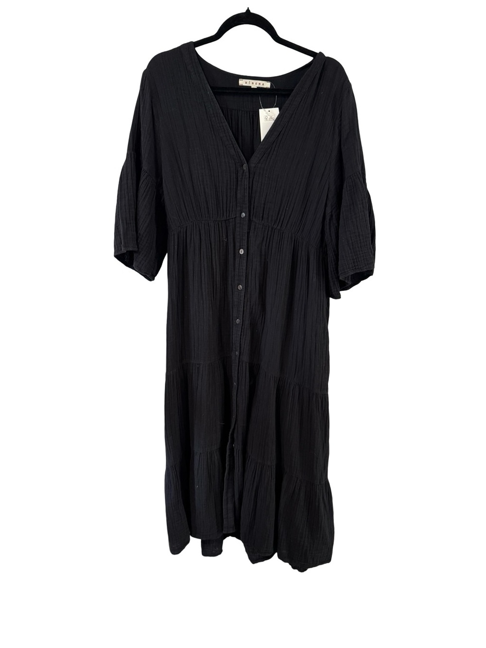 XiRENA Black V-Neck Button-Front Tiered Midi Dress
